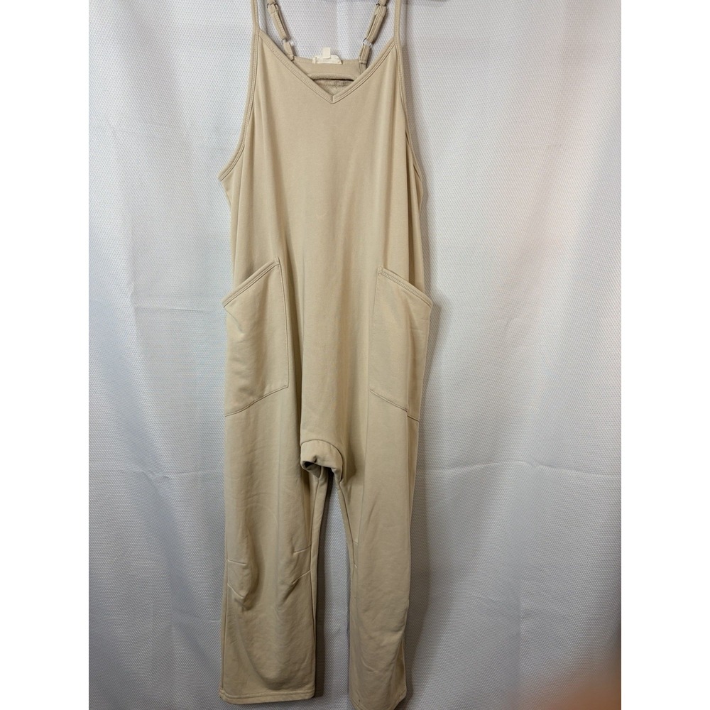 Entro Women's Size Large Jumpsuit Wide-Leg V-Neck Pockets Casual Oversized Tan